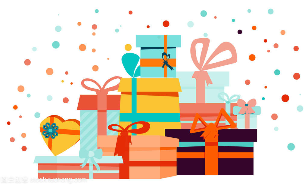 禮品盒卡通套與廣場、 心和圓形狀框和孤立的白色襯底上的紙屑。可以用于節(jié)日促銷,橫幅